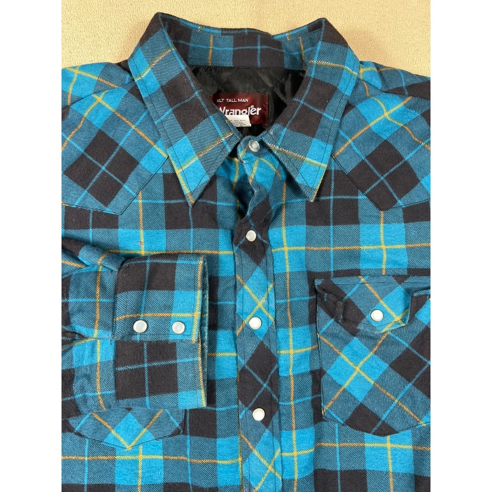 Vintage 90s Wrangler Shirt‎ Men XLT Blue Plaid Pearl Snap Insulation Long Sleeve